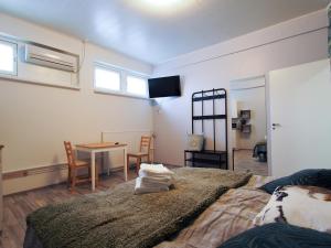 萨翁林纳Savonlinna Rentals的一间卧室配有一张床和一张桌子及椅子