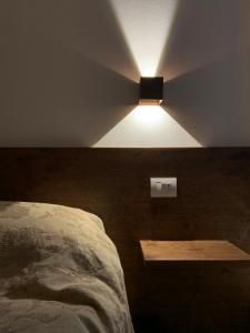 阿科Appartamento al castello di Arco的一间卧室配有一张床,天花板上拥有灯光