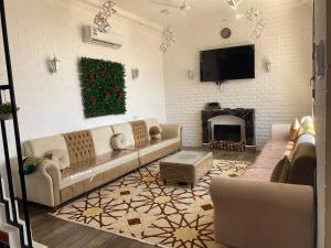 塞拉莱Alnoor Mirbat的带沙发和圣诞树的客厅