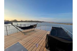 巴特Hausboot Fjord HAVEN mit Biosauna in Barth的一个带吊床的码头和水上船只