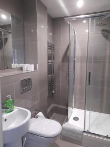 CranfordApartments Heathrow - Hounslow的带淋浴、卫生间和盥洗盆的浴室