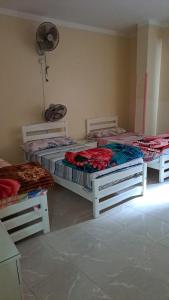 赫尔格达Sweet Home- No Egyptian的客房设有三张床和风扇。