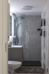格拉茨Modern City Apartment的带淋浴、卫生间和盥洗盆的浴室