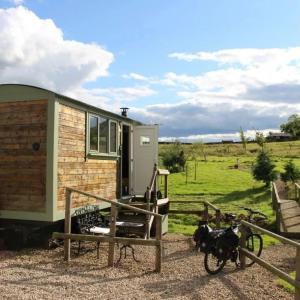 贝灵汉姆Lizzie off grid Shepherds Hut The Buteland Stop的一辆自行车停在房子前面的小房子