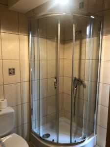 罗兹Piątka noclegi- Łódź的浴室里设有玻璃门淋浴