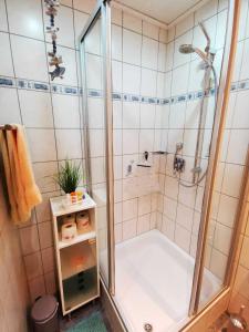 AllenbachFerienhaus Clarissa的带淋浴和浴缸的浴室