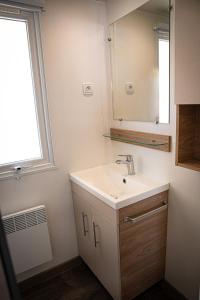 鲁西隆地区卡内amorosa mobil home的一间带水槽和镜子的浴室以及窗户。