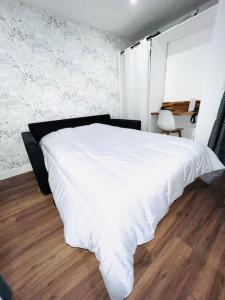 巴拉吕克莱班Joli studio entièrement rénové et équipé classé 2 étoiles的卧室配有一张白色大床,铺有木地板