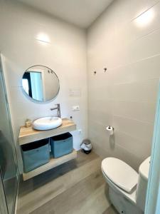 大桑卢卡尔OLE TÚ ANDALUCIA的一间带卫生间、水槽和镜子的浴室
