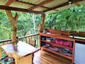 蓬塔乌巴Terra NaturaMa - off grid living in the jungle的木甲板,配有桌子和桌子,还有一棵树