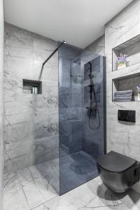 索林Luxury room Ekstaza的带淋浴和黑色卫生间的浴室