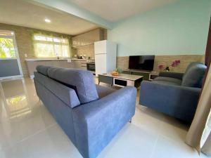 OpoaTaina - Terrasse - Bord de mer -的一间带蓝色沙发的客厅和一间厨房