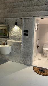 阿哈达بيت الجبل عوائل فقط的石质浴室设有水槽和卫生间