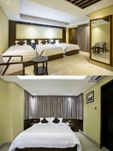 达卡HOTEL THE CAPITAL LTD.的两张带两张床的酒店客房的照片