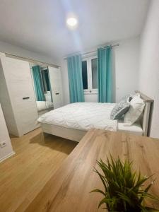 卢布尔雅那MURIC Apartman 8的一间卧室配有一张带蓝色窗帘的床和一张桌子