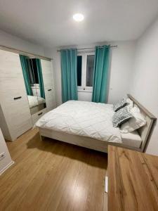 卢布尔雅那MURIC Apartman 8的一间卧室配有一张带蓝色窗帘和镜子的床