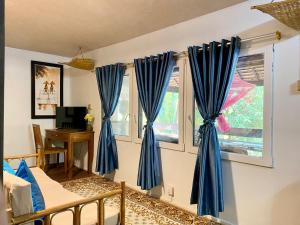 马德望Cozy Paradise的一间设有蓝色窗帘、一张床和一张书桌的客房