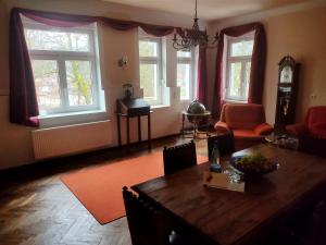策拉-梅利斯Parkvilla Köhler的客厅配有桌椅和窗户。