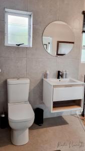 东伦敦The Aloe的一间带卫生间、水槽和镜子的浴室