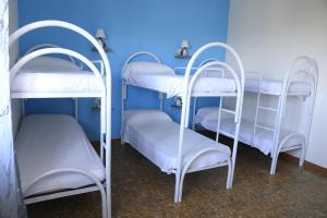 特罗佩阿First Hostel Tropea的蓝色墙壁的客房内设有两张双层床。