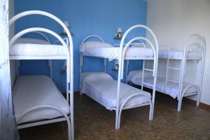 特罗佩阿First Hostel Tropea的蓝色墙壁的客房内设有两张双层床。