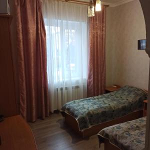 特鲁斯卡韦茨Готель-хостел的酒店客房设有两张床和窗户。