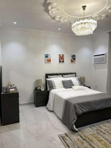 吉达luxury apartment - Prince majed park的一间卧室配有一张大床和一个吊灯。