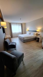 卡斯特鲁Hotel Diego de Almagro Castro的一间卧室配有一张床、一张沙发和一把椅子