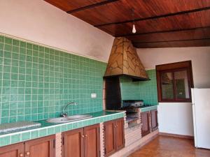 阿洛拉Casa Rural Caminito del Rey的厨房设有绿色瓷砖墙壁和炉灶。