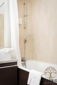 加普Adonis Gapotel的带浴缸和淋浴帘的浴室