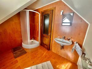 布什泰尼Blue Sky的一间带水槽和木墙的浴室