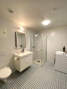 特隆赫姆Storsand Gård的带淋浴、盥洗盆和卫生间的浴室