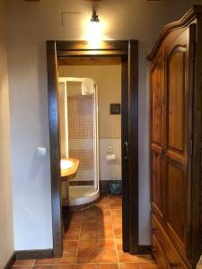 纳瓦夫里亚Apartamentos Lobiche的带淋浴、盥洗盆和镜子的浴室
