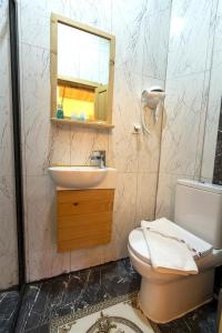安塔利亚THE LITTLE PRINCE BOUTIQUE HOTEL的一间带水槽、卫生间和镜子的浴室