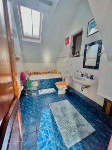 布什泰尼Blue Sky的浴室铺有蓝色瓷砖地板,设有卫生间和水槽。