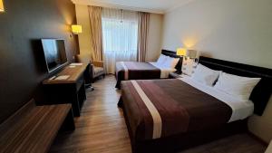 奥索尔诺Hotel Diego de Almagro Osorno的酒店客房设有两张床和电视。