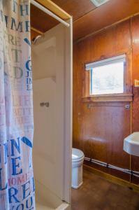 WestmoreMountain Lake Cottages的浴室设有卫生间、窗户和浴帘