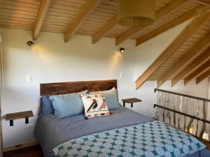 瓜达尔港Refugio Huerta Los Maquis的一间带一张床的卧室,位于带木制天花板的房间内