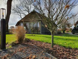 De MeeleCozy holiday home in Overijssel in a wonderful environment的前面有树的草屋顶建筑