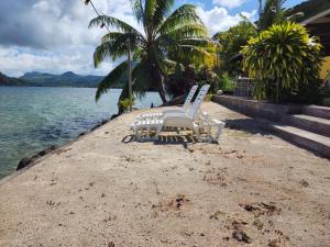 乌图罗阿VILLA DE LA BAIE RAIATEA的两把椅子坐在海边