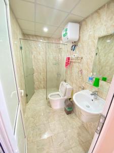 下龙湾Sky Halong Apartment的带淋浴、卫生间和盥洗盆的浴室
