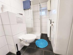 布尔沙伊德1 Room Apartment in Burscheid的浴室设有白色卫生间和蓝色地毯。
