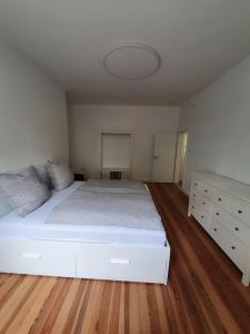卡尔斯鲁厄EG Weststadt Karlsruhe 4 Zimmer的卧室配有一张白色的大床,铺有木地板