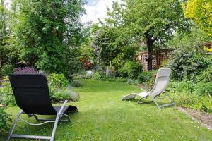 米歇尔施塔特Ferienhaus Refugium的两把椅子坐在院子里的草地上