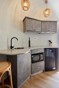 Éxo GoniáAecon Suites的厨房配有不锈钢橱柜和台面