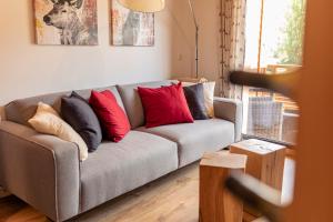 穆劳附近圣洛伦岑Kreischberg Suites by ALPS RESORTS的客厅配有带红色枕头的灰色沙发