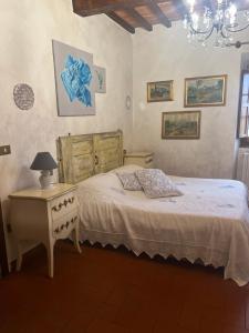 阿雷佐Casale di mamma Antonella的一间卧室配有一张床和一张带台灯的桌子