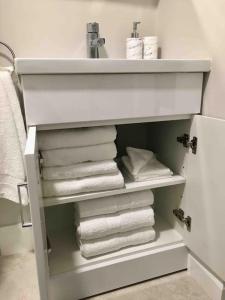纽卡斯尔Shimna Vale Studio的浴室配有白色水槽和毛巾