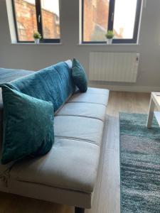 北安普敦Modern, Stylish Studio Apartment in Central Northampton的客厅里配有一张带两个枕头的沙发