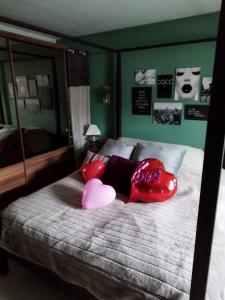 BerzéeMaison d hôtes Les Notes Endormies " Suite La Mystérieuse"的一间卧室配有带粉红色枕头的床。